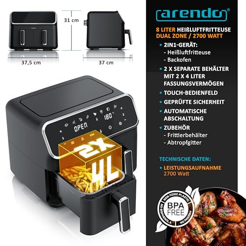 Arendo - Heißluftfritteuse Dual Zone mit 2 Kammern - XXL Kapazität 2 Fächer Doppelkammer – 2700 Watt - Airfryer Backofen Edelstahl - Touchscreen - 3D Umluftsystem - Antihaftbeschichtung - PFAS frei – Bild 3