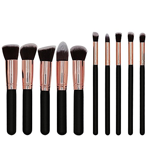 Beauty Kate Professional 10pcs Premium Synthetic Kabuki Makeup Brush Set Foundation Blending Cosmetic Brushes Essential Kit (Black + RoseGolden)