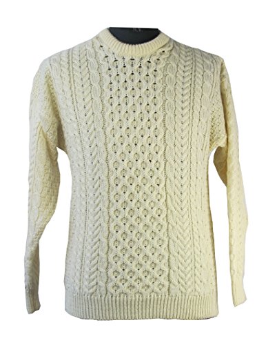100% Natural Wool Crew Neck Aran Sweater Natural, XXL