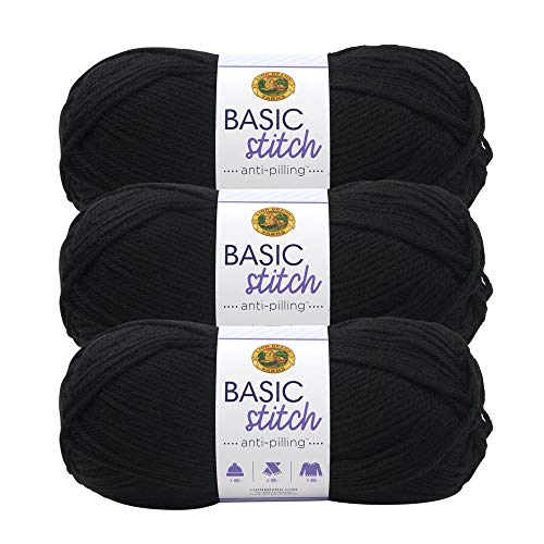 Image of Lion Brand Yarn Basic Stitch Anti-Pilling Yarn for Crocheting, Knitting, and Crafts, Black, 3 Pack