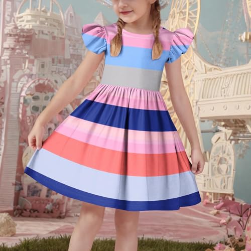 Girl's Summer Sundress Fashion Striped Color Block Ruffle Flutter Sleeve Dress Pleated A Line Midi Dresses2