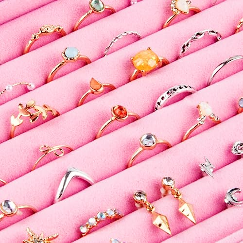 Jutieuo 7 Slots Ring Holder Storage Box Pink Velvet Ring Display Case Jewelry Earrings Necklace Organizer Tray With Top Glass Lid Store Showcase Gift For Women Girls #TOP6