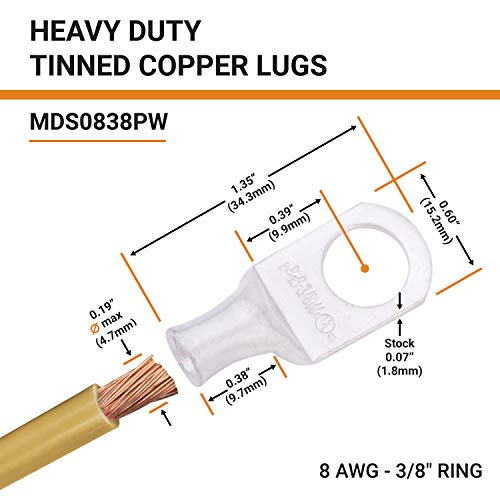 Selterm 2Pcs 8 Awg 3/8" Stud Tinned Copper Wire Lugs, Battery Lugs, Ring Terminals, Battery Cable Ends, 8 Gauge Ring Terminal Connectors, Ul Marine Grade Electrical Battery Terminal Connectors #TOP1