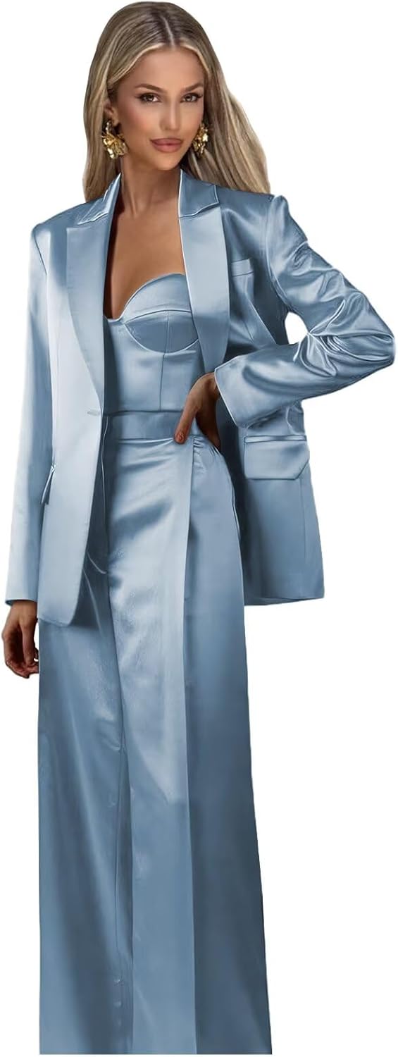 Formal Business Satin 3 Piece Suits for Women Dressy Trendy Womens Suit Casual 1 Button Blazer Vest Pants