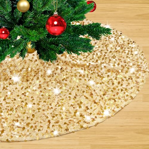 Gold Mini Christmas Tree Skirts 24 Inches Shimmer Sequins Tree Skirt Velvet Xmas Tree Mats for 4ft Tree Decorations