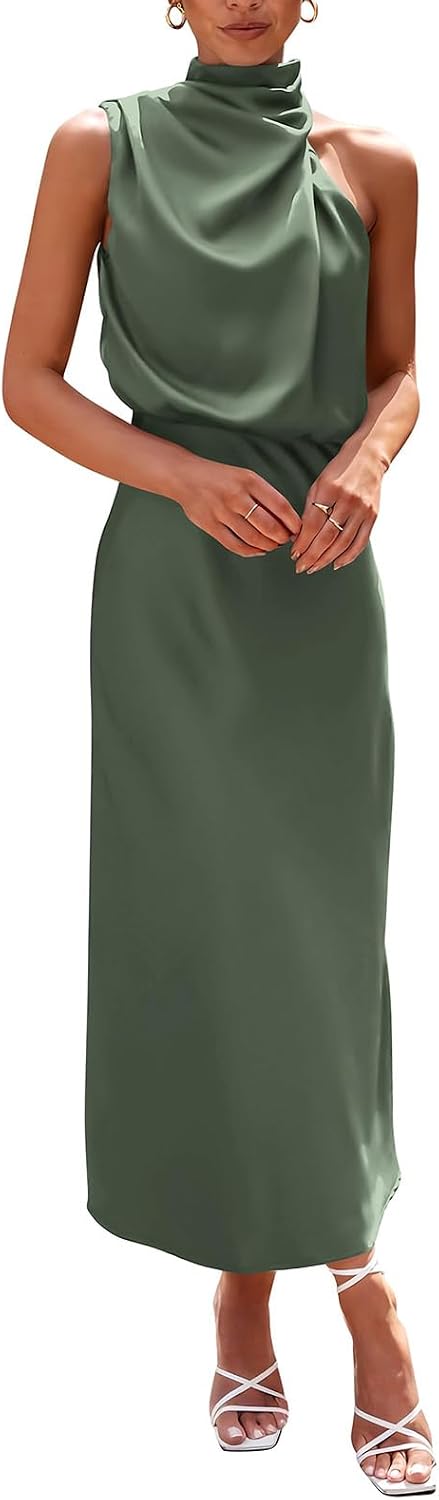 Women's Summer Satin Dress Elegant Sleeveless Mock Neck Cocktail Dresses Evening Party Maxi Wedding Guest Dress