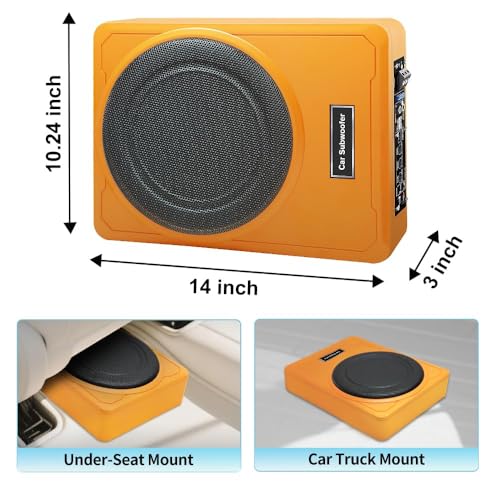 Image of Junsun Slim Under-Seat 10″ 800W Powered Car /Truck Subwoofer & Amp Combo - 220W RMS, Built-in Amplifier, High /Low Input, with Wire Mounting Kit (Vibrant Orange)