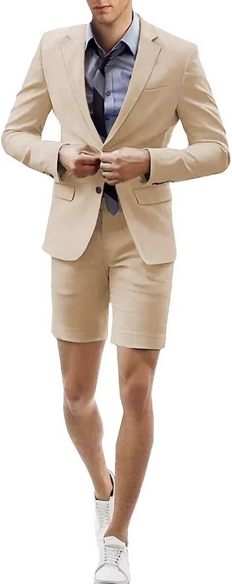 Men's 2 Piece Short Suits Set Blazer Short Pants Slim Fit Casual Mens Summer Suit