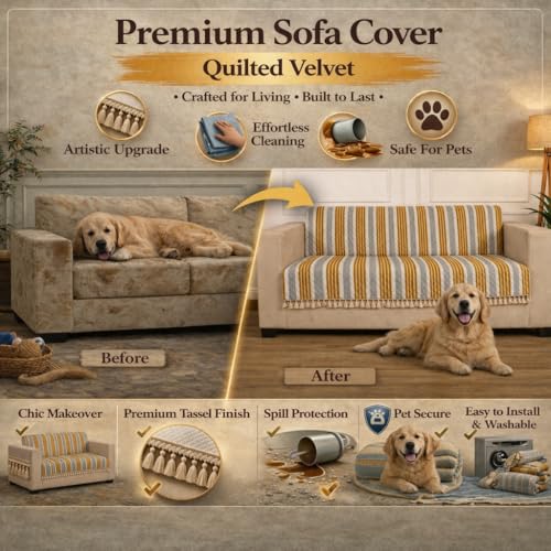 Image of STITCHNEST Quilted Velvet Sofa Cover with Tassels - 48x60 Inch, Mustard & Grey Striped Design, Soft & Stylish, Washable Sofa Protector for 2-Seater