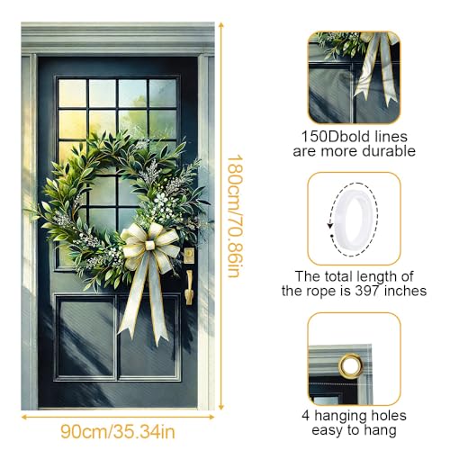 Image of Green Leaf Ring White Flower Cream Bow Door Cover 35x71in