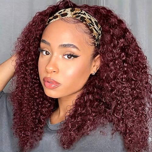 Image of Burgundy Kinky Curly Headband Wig Human Hair Curly Headband Wig Human Hair 99J Machine Made Glueless None Lace Front Wig Brazilian Virgin Human Hair for Black Women 24 Inch