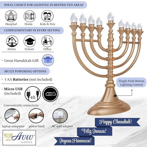 image for Aviv Judaica Traditional LED Electric Hanukkah Menorah Powered by Batt