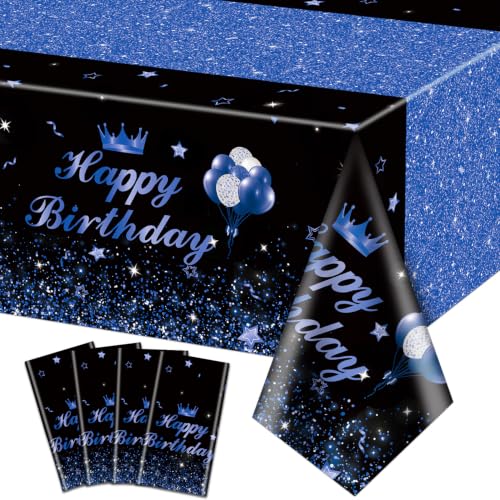 Image of 4 Pcs Happy Birthday Black and Blue Party Tablecloths - Blue Black Party Decorations Plastic Tablecloth Rectangular Table Covers for Boy Girl Baby Shower Birthday Table Supplies, 51 x 86.6 Inch