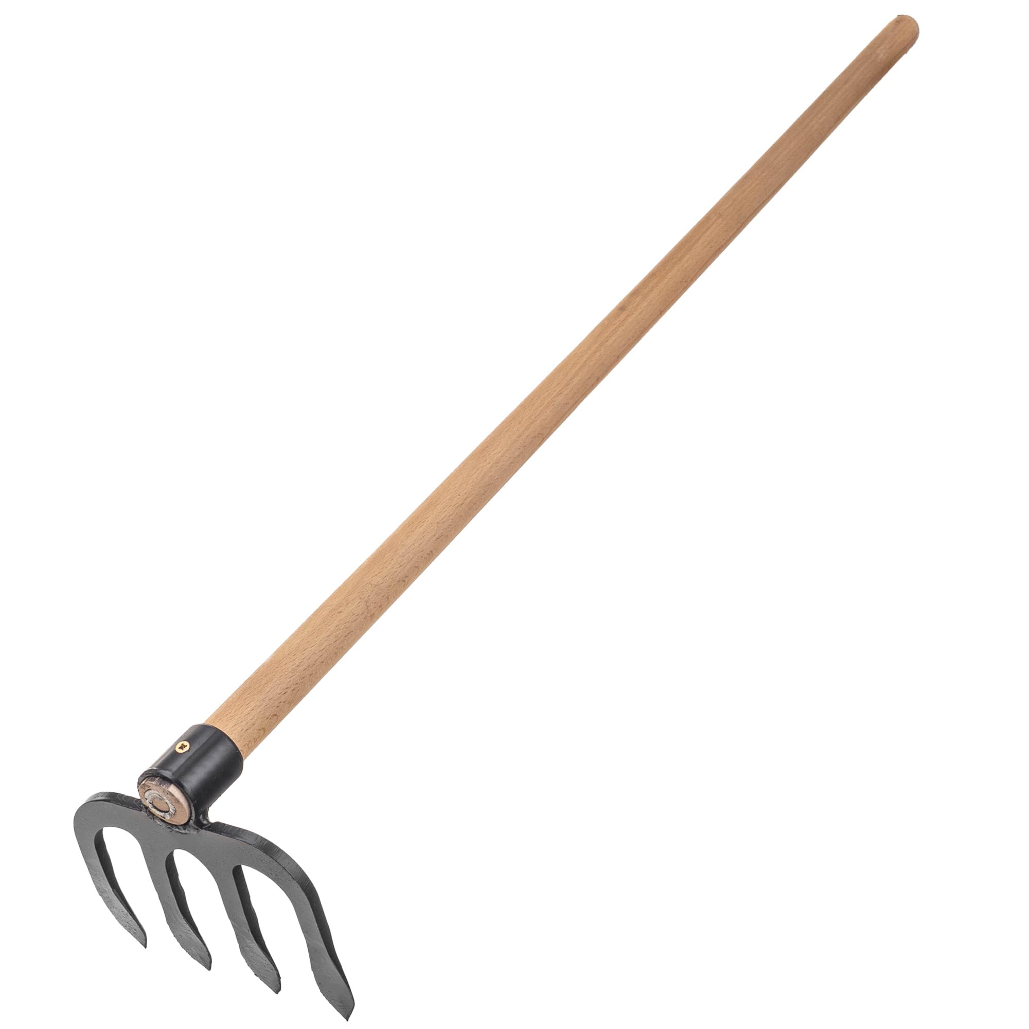 KADAX Talon de pommes de terre à 4 dents avec long manche en bois, talon de jardin en acier forgé, talon de fumier pour jardinage, hachoir pour jardin (avec tige)