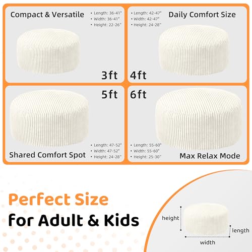 Image of HABUTWAY 6FT Bean Bag Chair, 6' Large Bean Bag Chairs for Adults with Removable Stripe Plush Cover, Memory Foam Beanbag Chair for Living Room Bedroom Dorm,White