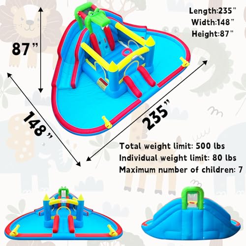 rolonal Inflatable Bounce House with Double Water Slide,Double Ball Pit/Water Pool,Crocodile Styling,Double Water Cannon,Climbing Wall,Bouncy Castle with Air Blower,Water Park Slide for Kids Backyard - Thumbnail 2