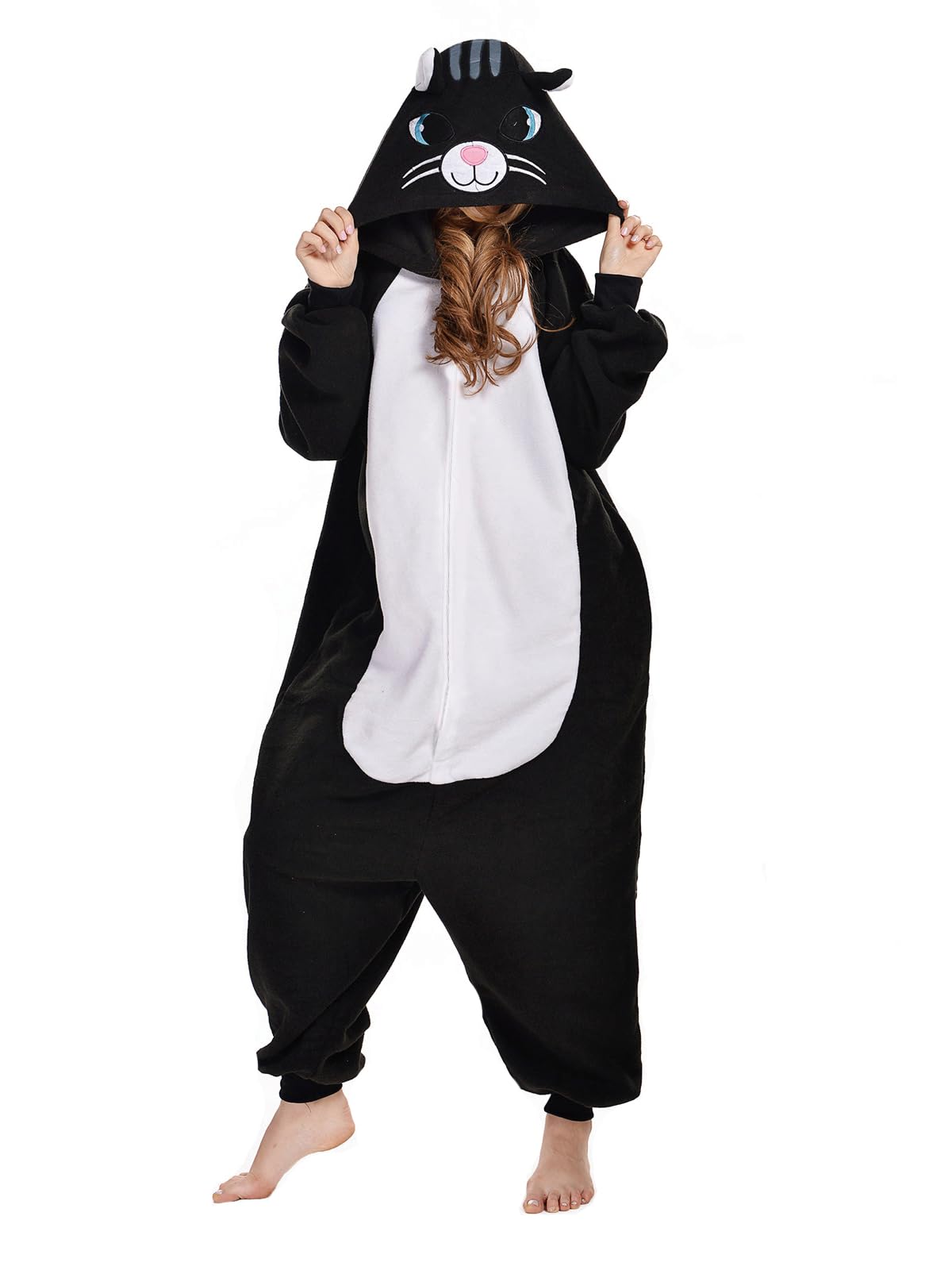 newcosplay Unisex Adult Onesie Pajamas Animal One Piece Costume Cosplay Sleepwear, Black Cat, Large-picture-18
