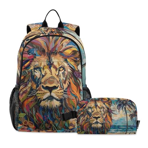 Colorful Lion Sea Backpack Lunch Bag Set for Travel Hiking Picnic, Backpacks with Insulated Lunch Box