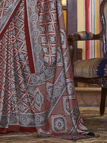 Image of SAREE MALL Women's Ajrkh Print Satin Crepe Polka Dot Printed Saree With Unstitched Blouse Piece
