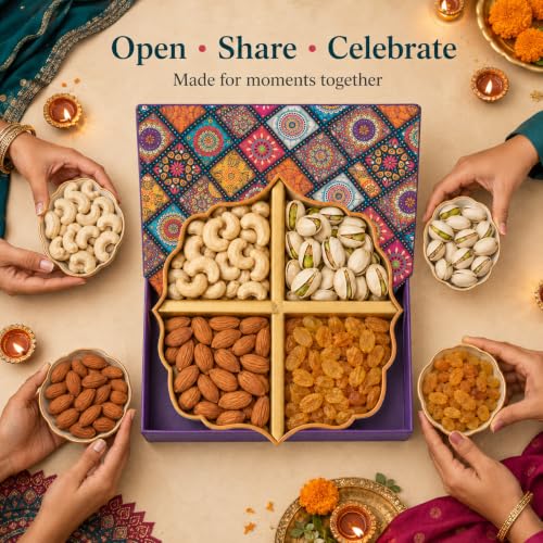 Image of Leeve Dry Fruits Diwali Gift Box with Almonds, Cashews, Salted Pistachios and Raisins, Festive Celebration Hamper for Family and Friends, 1kG
