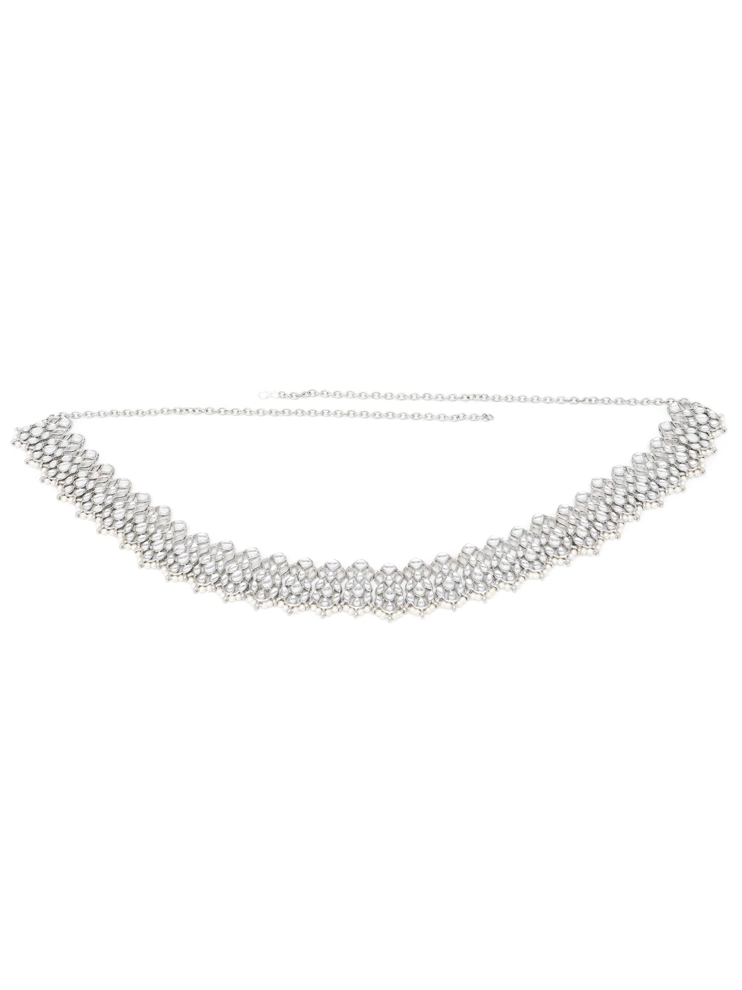 Silver-Toned Kundan Studded & Pearls Beaded Kamarbandh for Women-image-29