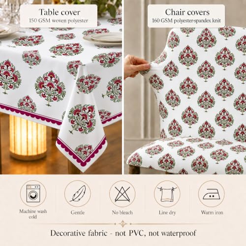 Image of Cloth Fusion Dining Table Cover with 6 Chair Covers, 6 Seater Table Cloth | Table cover and every chair cover in one matching print; 4-way stretch chair covers; 6 designs; washable, not PVC