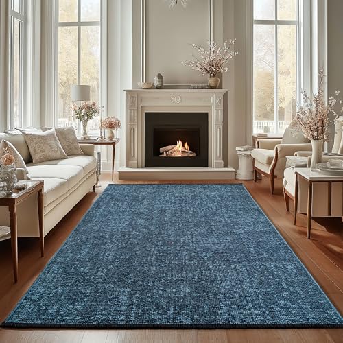 Carpettex Chenille Teppich Baumwolle Blau 200x290 cm Boho-Stil, Vintage Kelim, Waschbar, Kurzflor, rutschfest & Weich, Einfarbig Meliert, Für Wohnzimmer, Schlafzimmer, Büro & Küche