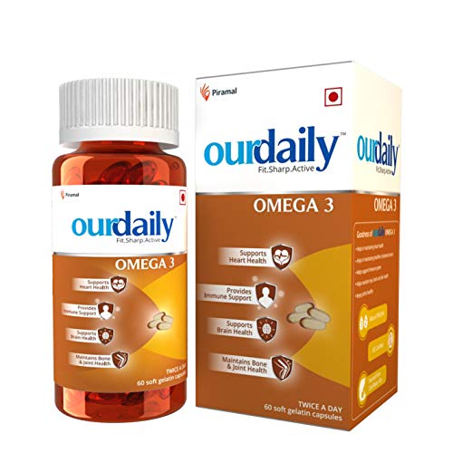 Ourdaily Omega 3 Fish Oil Gel Double Strength 1000 mg Omega (330mg EPA, 220mg DHA- per serving) from Piramal, for immunity, brain, heart, bones & joints and eye health, Softgel capsules 60 Count Ourdaily Omega 3 Fish Oil Gel Double Strength 1000 mg Omega (330mg EPA, 220mg DHA- per serving) from Piramal, for immunity, brain, heart, bones & joints and eye health, Softgel capsules 60 Count