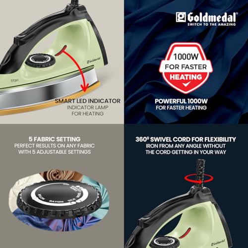 Image of Goldmedal Titan 1000W Dry Iron| Non-stick Weilburger Premium Double Coated Soleplate| 5 Fabric Setting|1.8 Meter Cord| 360 Swivel Cord| 2.5 Years Warranty| 1.5KG Heavy Weight (Mint Green)