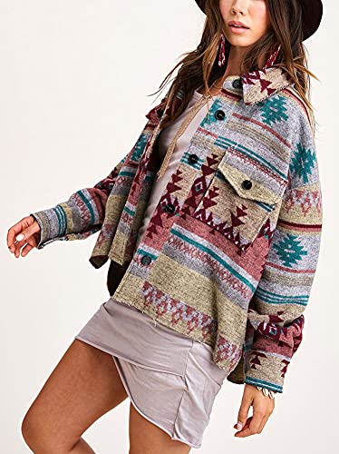 chouyatou Women's Tribal Aztec Pattern Button Down Trucker Shirt Jacket Shacket Coat3