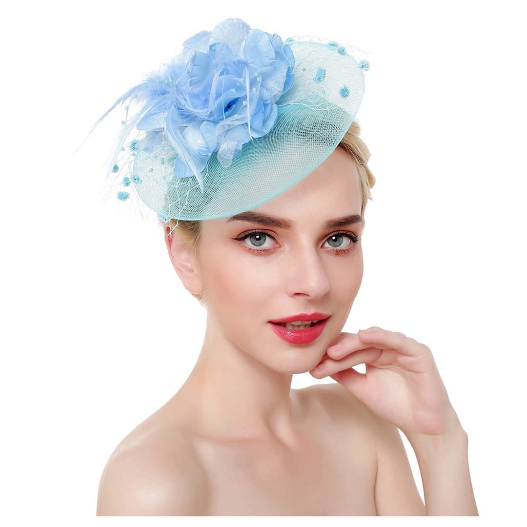 Copricapo da sposa, donna, con fiori, in rete e piume, for cocktail feste in chiesa(Navy)