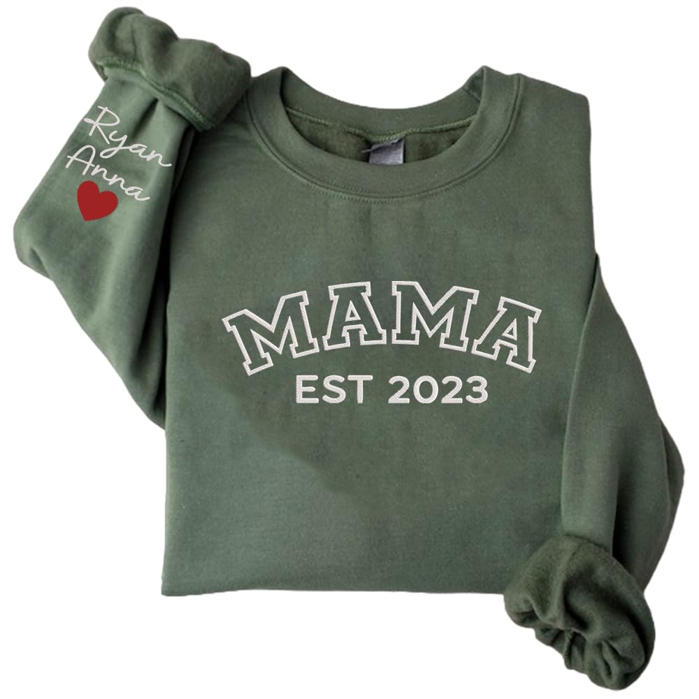 IZI PODPersonalized Embroidered Mama Sweatshirt, Mama EST 2024 Sweatshirt, Custom Name on Sleeve Sweatshirt for Mama