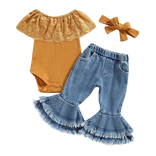 Image of fhutpw Newborn Baby Girl Clothes Infant Rib Frill Long Sleeve Romper Flared Pants Headband Set 3pcs Fall Winter Outfits