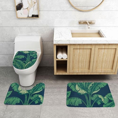 ONNEXO Badematten-Set mit Bananenblatt-Motiv, 3-teilig, waschbarer Bezug, Bodenteppich, Dekorationen...