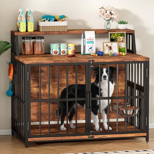 LitaiL Hundekäfig Möbel, Hundebox für Zuhause, 100x60x85 cm, Hundekäfig Holz mit Schwenkbaren Hundenäpfe, Hundehütte im Möbelstil mit Stauraum für Hunde bis 35KG