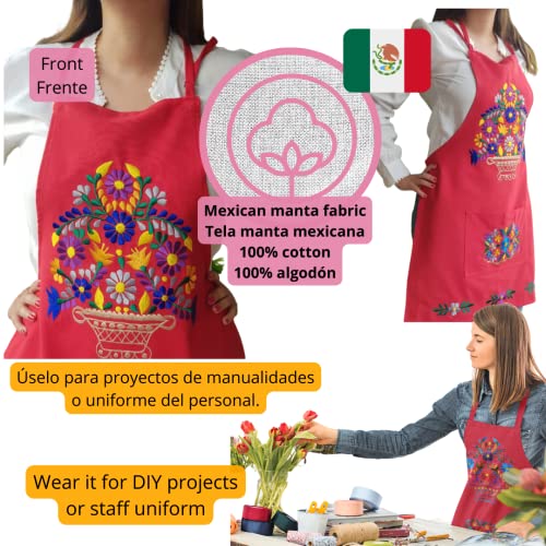 Mexican Red Apron Women, Embroidered Flower Kitchen Pinafore, 100% Cotton Neck Strap, Mexico Restaurant Food Taco Tuesday Cinco Mayo Waitress Chef Grill Bake Bbq Apron Tamales Guacamole Avocado Nachos #TOP1