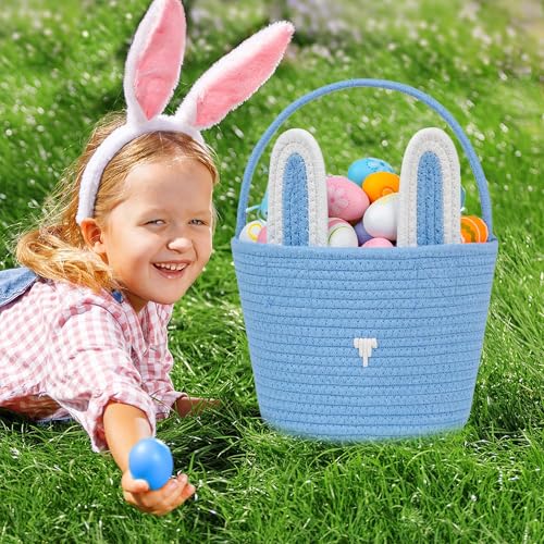 Image of Easter Basket, Easter Bunny Basket with Handle, Easter Baskets for Kids, Baby Gift Basket, Egg Buckets Gifts Tote Bags Egg Hunt Basket for Boys, Girls