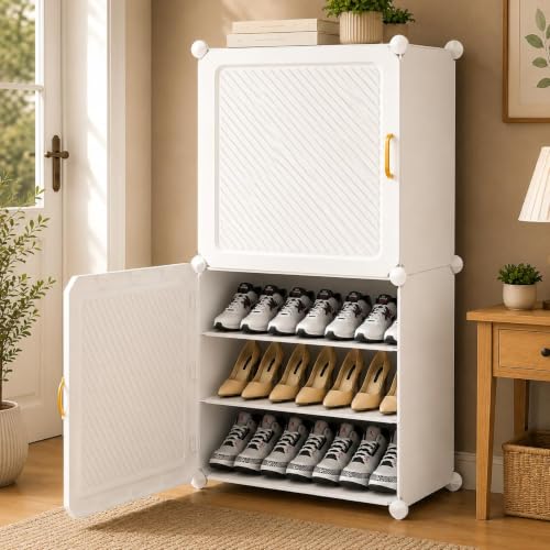 Image of Plastic Shoe Rack for Home with Door | 6-Shelf DIY Shoe Cabinet Organiser | Stores 12 Pairs | Foldable & Waterproof Shoe Stand for Entryway, Bedroom (White, 2-Door)