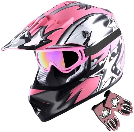 1Storm Youth Motocross Helmet BMX MX ATV Dirt Bike Helmet Matt Star Pink + Goggles + MG Youth Pink Glove Bundle