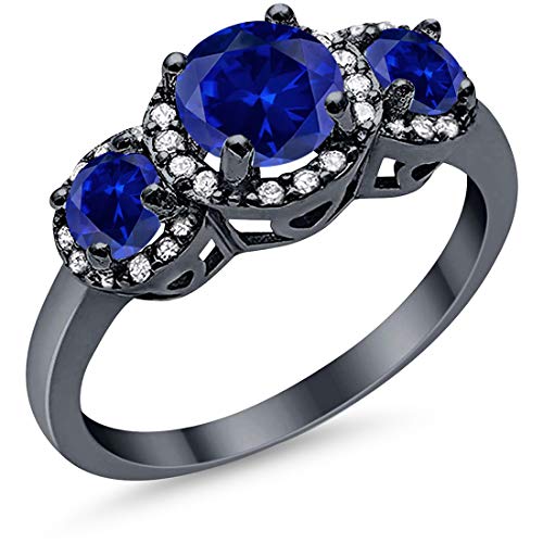Blue Apple Co. 3 Stone Halo Wedding Band Ring Simulated Round CZ 925 Sterling Silver