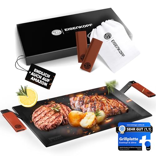 EISENKOPF & SÖHNE Grillplatte Carbonstahl 4mm dick | Plancha, Teppanyaki [44 x 26 cm] [MIT LEDERGRIFFEN] ovenready, für Induktion, Ceran, Feuer & Gas (61 x 26,5 cm XXL)