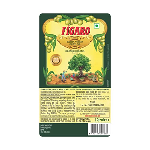 Image of Figaro Extra Virgin Olive Oil- 100% Natural and Cold Extracted- Perfect for Salad, Paratha, Marinade- Imported from Spain- 5L Jar (Pack of 3)