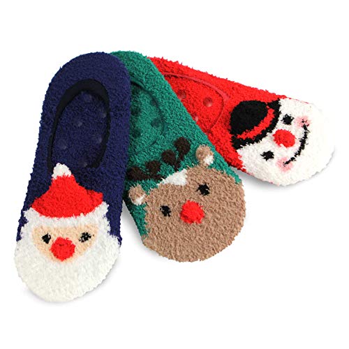 Little Kids Winter Thermal Thick Heat Crew Socks and Christmas Holiday Slipper Socks 3 Pairs Silly Santa Deer Gingerbread
