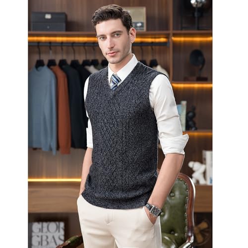 Men’s Cable Knit Sweater Vest 100% Wool V-Neck Sleeveless Knitted Pullover for Fall Winter2