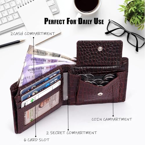 Image of 100% Full Grain Nautral Genuine Pure Original Buff Leather Purse Wallet for Man Mens with Coin Pockets Bifold. 6 Card Slots, 2 Currency Slots, 1 ID Window & 2 Hidden Pockets (Brown-CRO)