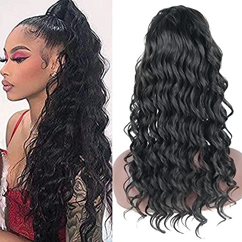 Ponytail Extension Clip in High Puff Ponytail Hair Pieces Heat Resistant Synthetic Long Wavy Curly Wavy Drawstring Ponytail Hair Piece for Women 22 Inch (1B)