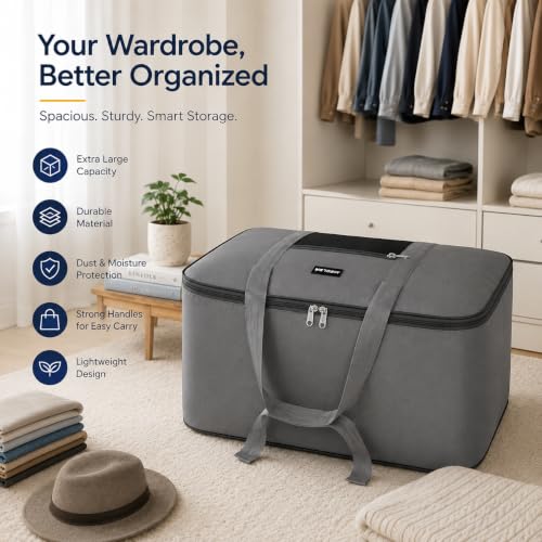Image of M MEDLER STG-1K-GB Nylon 85 Liters Large Underbed Storage Bag Moisture Proof Cloth Organiser with Zippered Closure and Handle Grey 58x48x30cm Rectangular