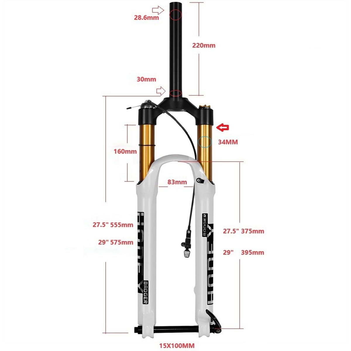 Horquilla de suspensión para Bicicleta de montaña de 27,5" y 29", 160 mm de Recorrido, Horquilla Delantera de Aire para Bicicleta de montaña, Control por Cable, Tubo de dirección r