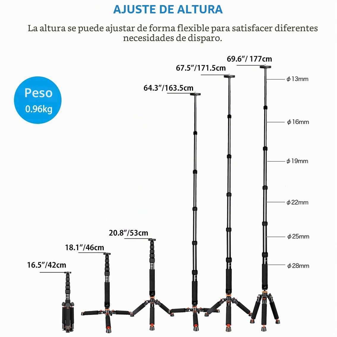 Koolehaoda Monopie de Aluminio para cámara con Base de trípode metálica. 6 Secciones, Ajustable de 42 a 177 cm. Diámetro de Las Patas: 28 mm. Soporta hasta 10 kg. - Negro.