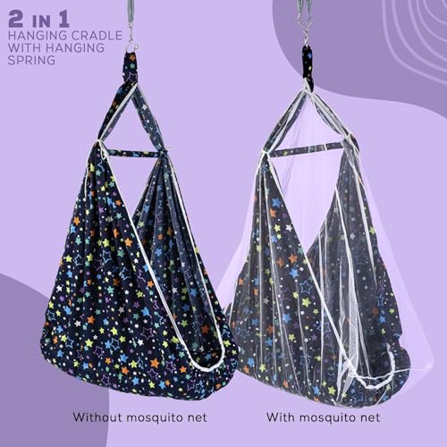 Image of BAYBEE Cotton Hanging Cradle and Swing for Baby with Bedding Set, Mosquito Net, Window Hanger, Portable Jhula Jhoola, Home Essential (Dark Blue)